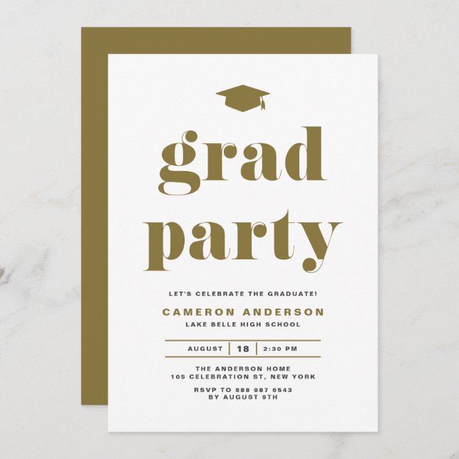 Gold Retro Bold Typography Graduation Party Invitation (Front/Back)