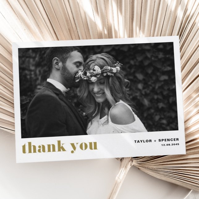 Gold Retro Bold Typography Photo Wedding Thank You Card (Creator Uploaded)