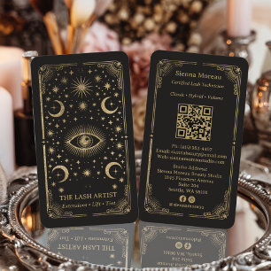 Gold Retro Celestial Tarot Lash Artist QR Code Business Card