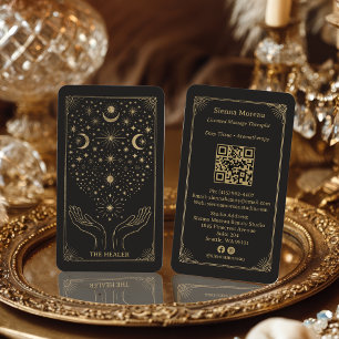 Gold Retro Celestial Tarot Massage Reiki QR Business Card