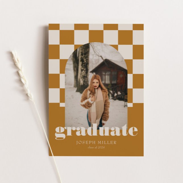 Gold Retro Checkered Arch Vintage Photo Graduation Invitation (Creator Uploaded)
