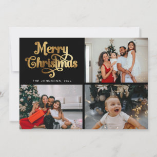 Gold Retro Merry Christmas Family Photo Collage Holiday Card