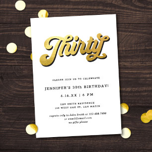 Gold Retro Script Black White 30th Birthday Party Invitation
