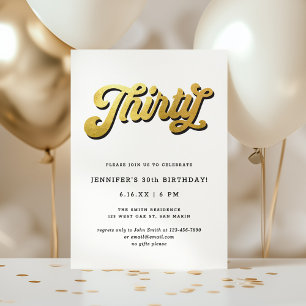 Gold Retro Script Black White 30th Birthday Party Invitation