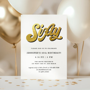 Gold Retro Script Black White 60th Birthday Party Invitation