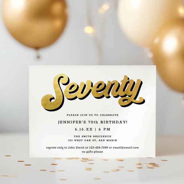 Gold Retro Script Black White 70th Birthday Party Invitation (Creator Uploaded)