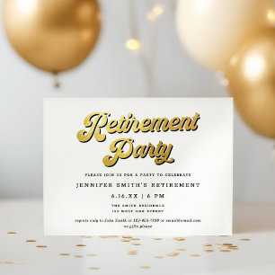 Gold Retro Script Black & White Retirement Party Invitation