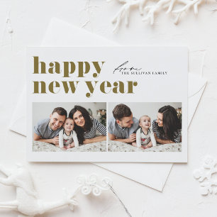 Gold Retro Typography Happy Holidays Two Photo Holiday Postcard