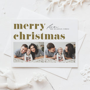 Gold Retro Typography Merry Christmas Two Photo Holiday Postcard