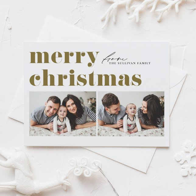 Gold Retro Typography Merry Christmas Two Photo Holiday Postcard (Creator Uploaded)