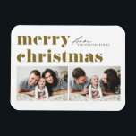 Gold Retro Typography Merry Christmas Two Photo Magnet<br><div class="desc">Celebrate the holiday spirit with our customisable photo Christmas magnet! Perfect for capturing your favourite festive moments, this magnet allows you to create a unique keepsake that showcases your family’s joy and love during the holiday season. It features retro bold typography. Personalise by adding your details. This customisable magnet makes...</div>