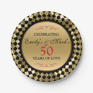 Gold Rhomboid And Red Swirls- Gold Anniversary Din Paper Plate