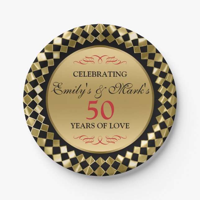Gold Rhomboid And Red Swirls- Gold Anniversary Din Paper Plate (Front)
