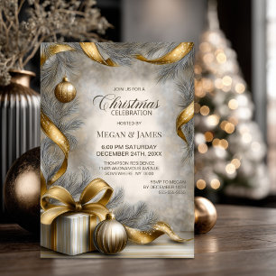 Gold Ribbon and Ornaments Christmas Party Invitation