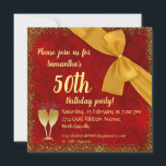 Gold Ribbon and Red Velvet 50th Birthday  Invitation<br><div class="desc">A glamourous red and gold 50th birthday invitation, featuring a sparkling golden border of glitter (please note, printed only), a lush gold bow with tiny pearl set in the centre and a pair of champagne flutes with sparkling bubbles, all on a luxurious red velvet background. As this is a personalised...</div>