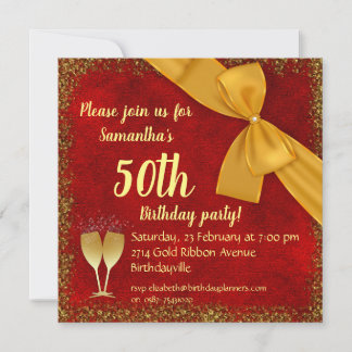 Gold Ribbon and Red Velvet 50th Birthday  Invitation