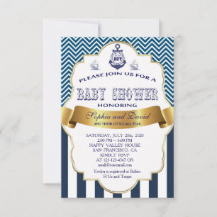 Gold Ribbon Blue Stripes Waves Anchor BABY SHOWER Invitation