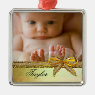Gold Ribbon & Bow Baby Photo Ornament Keepsakes