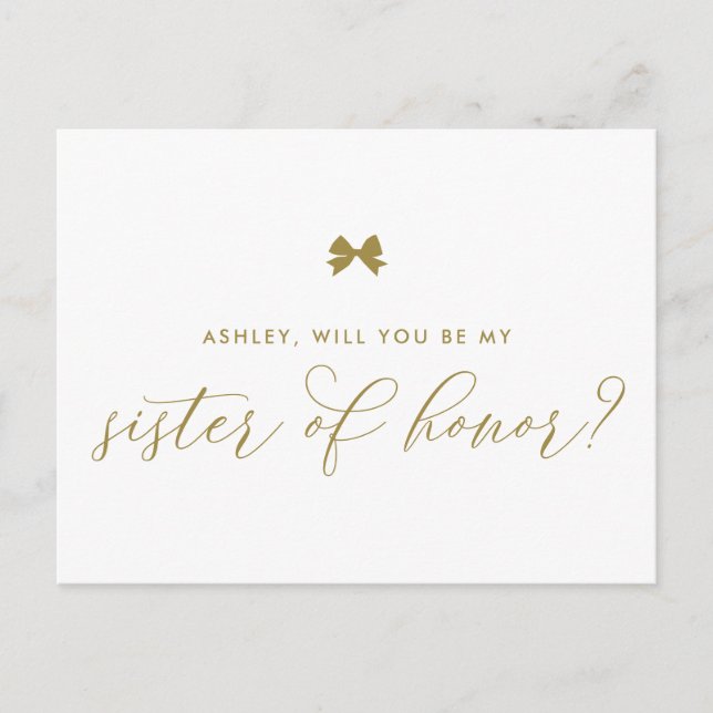 Gold Ribbon Bow Will You Be My Sister of Honour Postcard (Front)