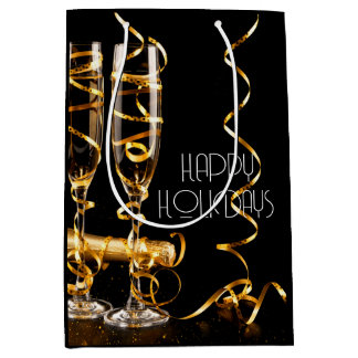 Gold Ribbon Champagne Happy Holidays Medium Gift Bag