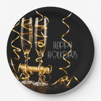 Gold Ribbon Champagne Happy Holidays Paper Plate