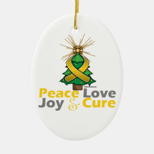 Gold Ribbon Christmas Peace Love, Joy & Cure Ceramic Tree Decoration