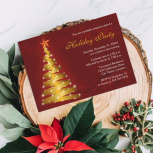 Gold Ribbon Christmas Tree Holiday Party Invitation