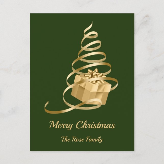 Gold Ribbon Christmas Tree Present Holiday Postcard (Front)