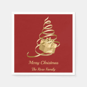 Gold Ribbon Christmas Tree Present Napkin