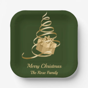 Gold Ribbon Christmas Tree Present Paper Plate