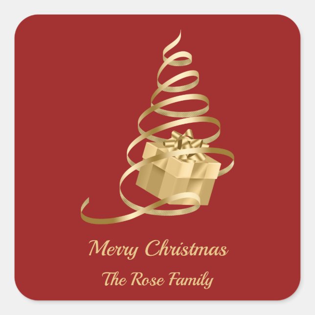 Gold Ribbon Christmas Tree Present Sticker (Front)