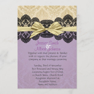 Gold Ribbon Damask Lace Lavender Wedding Invite