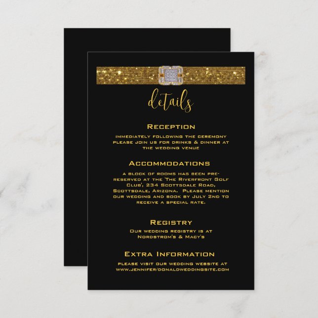 Gold Ribbon Diamond Brooch Wedding  Enclosure Card (Front/Back)