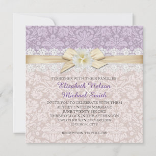 Gold Ribbon Floral Lavender Damask Wedding Invite