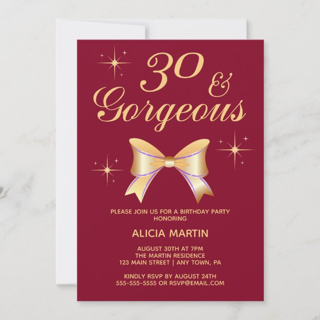 Gold Ribbon Girl 30 & Gorgeous Burgundy Birthday Invitation (Front)