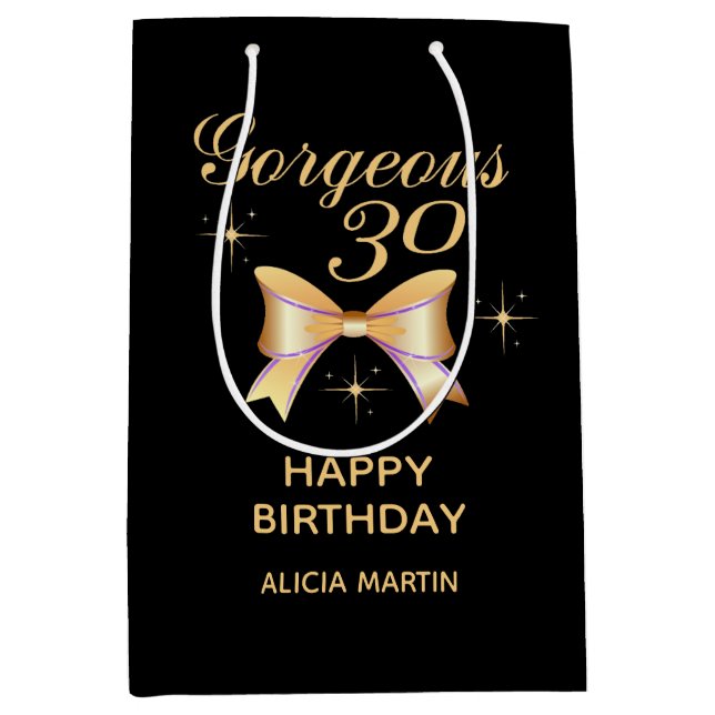 Gold Ribbon Girl Gorgeous 30 Black Happy Birthday Medium Gift Bag (Front)