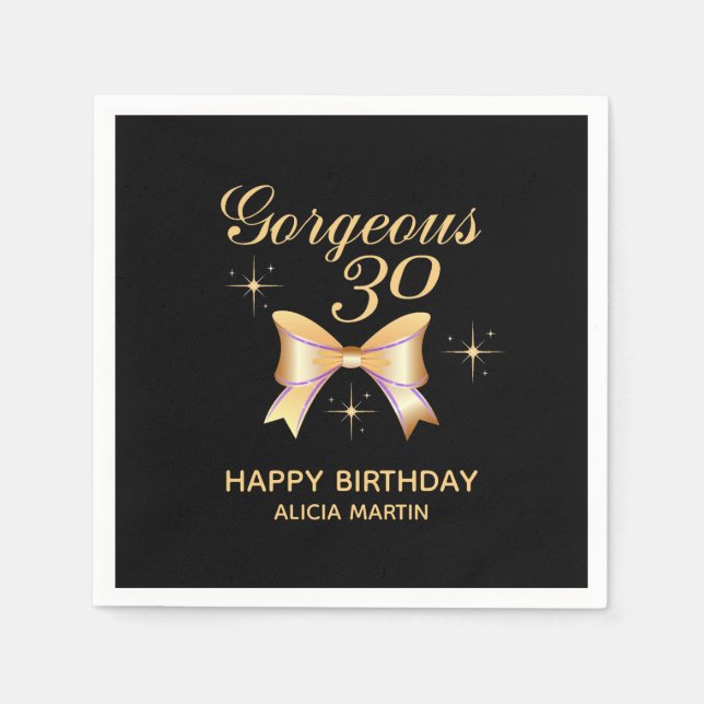 Gold Ribbon Girl Gorgeous 30 Black Happy Birthday Napkin (Front)