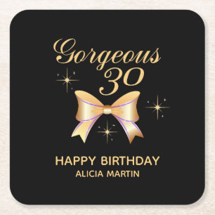 Gold Ribbon Girl Gorgeous 30 Black Happy Birthday Square Paper Coaster