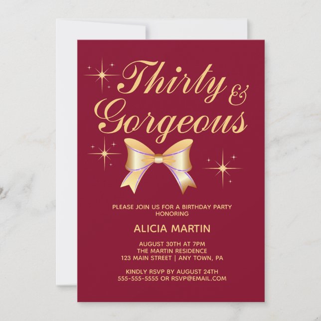 Gold Ribbon Girl Thirty Gorgeous Burgundy Birthday Invitation (Front)