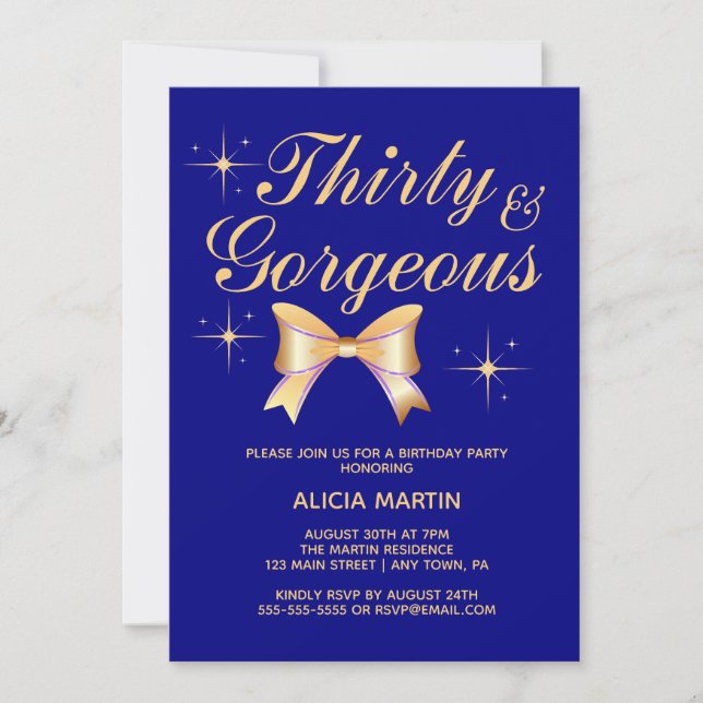 Gold Ribbon Girl Thirty & Gorgeous Navy Birthday Invitation (Front)