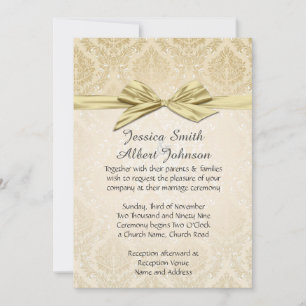 Gold Ribbon Gold Damask Wedding Invite