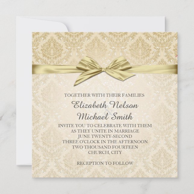 Gold Ribbon Gold Damask Wedding Invite (Front)