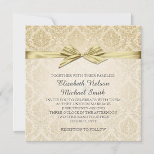 Gold Ribbon Gold Damask Wedding Invite
