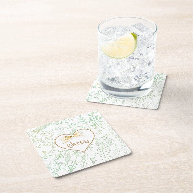 Gold Ribbon Mint Floral Joyful Christmas Holiday Square Paper Coaster (Insitu)