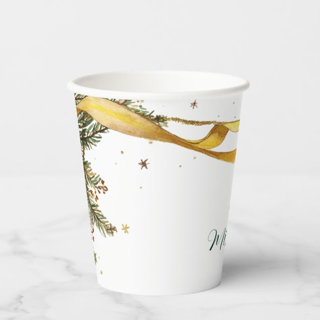 Gold Ribbon Rustic Christmas Party Paper Cups (Front)