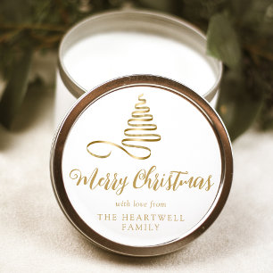 Gold Ribbon Tree Merry Christmas Script Classic Round Sticker