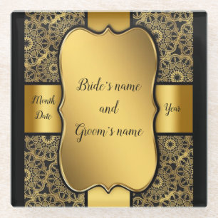 Gold Ribbon Wedding Favour Glass Coaster