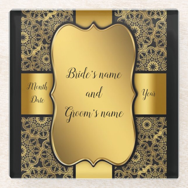Gold Ribbon Wedding Favour Glass Coaster (Front)