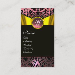 GOLD RIBBON YELLOW BLACK PINK DAMASK MONOGRAM BUSINESS CARD