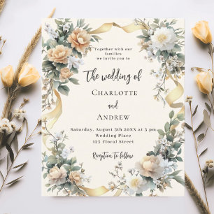 Gold ribbon yellow florals wedding invitation